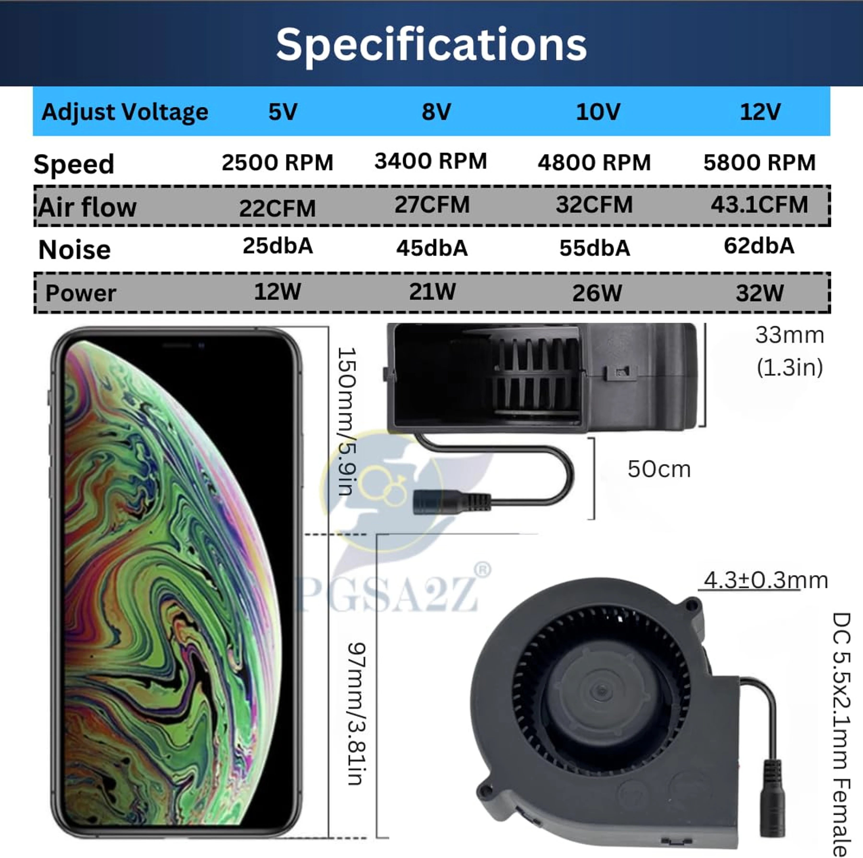 97mm High-Speed DC Blower Fan (5800 RPM) with Variable Speed Controller